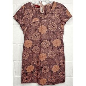 La Fiancee Women's Size S Short-Sleeve Midi Shift/Sheath Dress Purple/Tan Floral